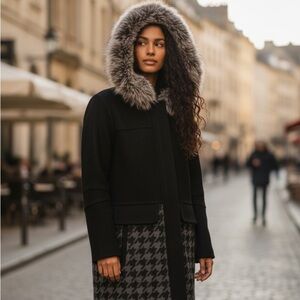 BCBGeneration Black and Gray Trench Coat with Faux Fur Trim